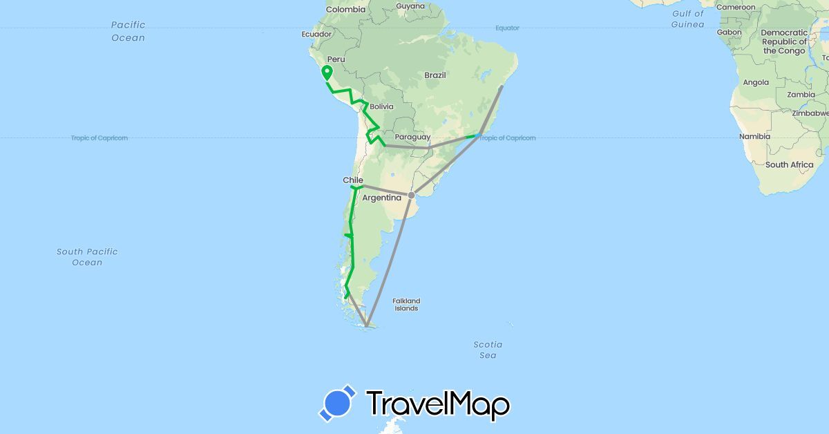 TravelMap itinerary: driving, bus, plane, boat in Argentina, Bolivia, Brazil, Chile, Peru (South America)